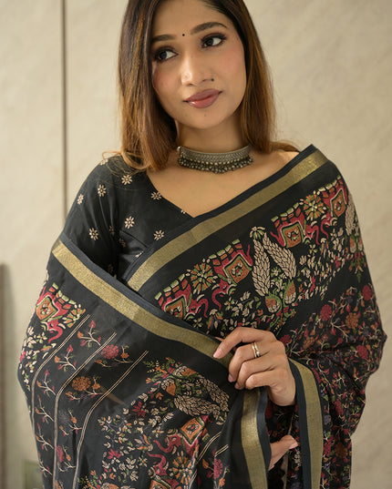 Black Floral Elephant Kalamkari Dola Silk Saree