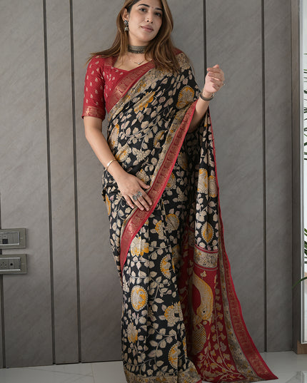Black & Red Peacock Kalamkari Semi Mul Cotton Saree