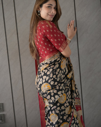 Black & Red Peacock Kalamkari Semi Mul Cotton Saree