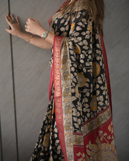 Black & Red Peacock Kalamkari Semi Mul Cotton Saree