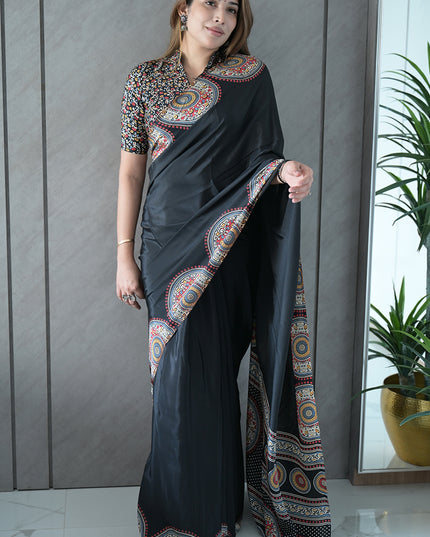 Black Modal Silk Saree with Ethnic Mandala Print