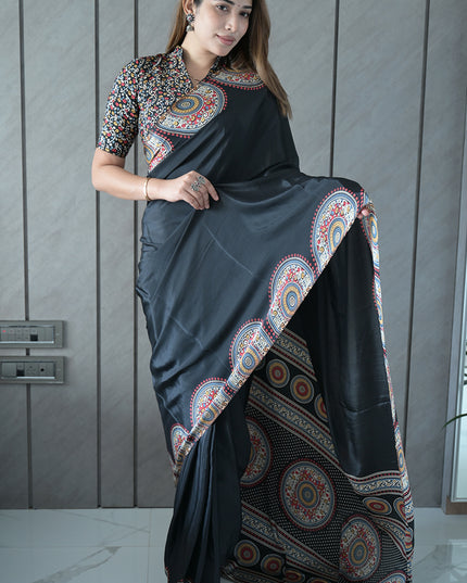Black Modal Silk Saree with Ethnic Mandala Print
