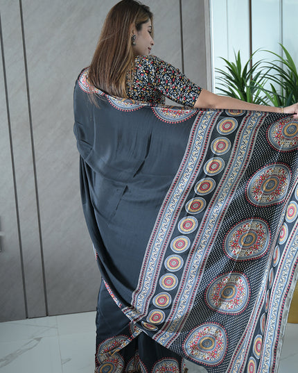 Black Modal Silk Saree with Ethnic Mandala Print
