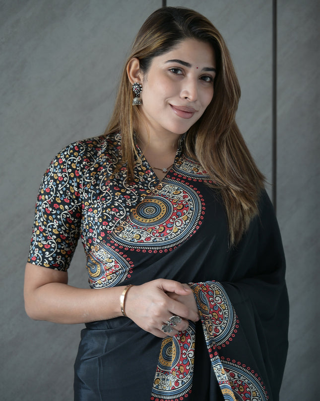 Black Modal Silk Saree with Ethnic Mandala Print