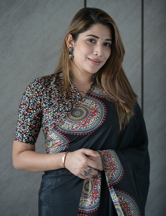 Black Modal Silk Saree with Ethnic Mandala Print
