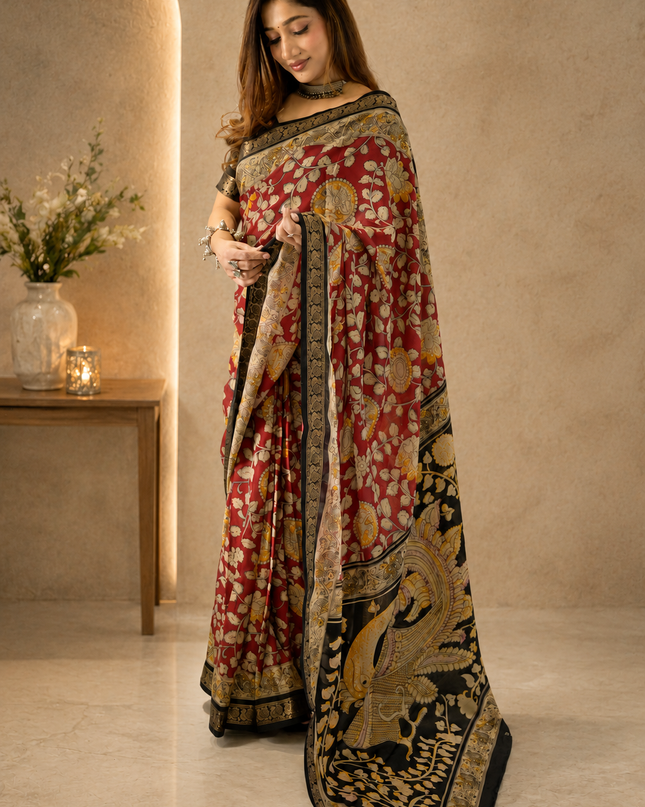 Maroon Kalamkari Printed Dola Silk Ready to wear Saree with Blouse Piece. Ready-to-Wear