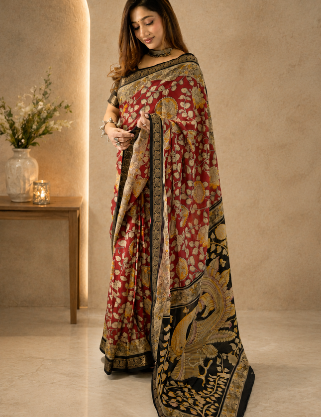 Maroon Kalamkari Printed Dola Silk Ready to wear Saree with Blouse Piece. Ready-to-Wear