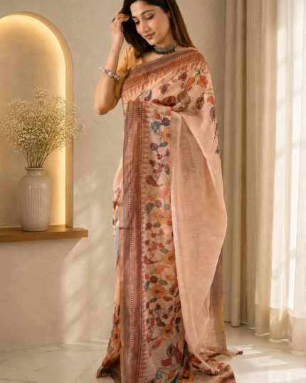 Blush Pink Linen Cotton Floral Printed Saree Ready-to-Wear
