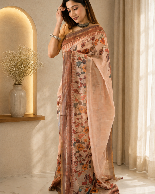 Blush Pink Linen Cotton Floral Printed Saree Ready-to-Wear