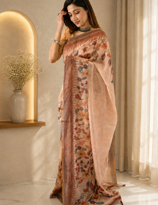 Blush Pink Linen Cotton Floral Printed Saree Ready-to-Wear