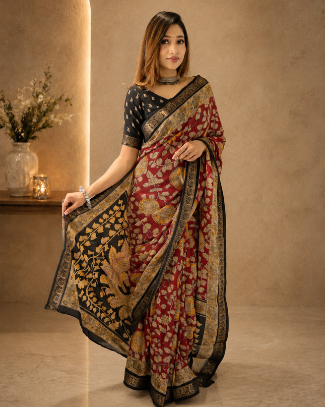 Maroon Kalamkari Printed Dola Silk Ready to wear Saree with Blouse Piece. Ready-to-Wear