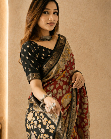 Maroon Kalamkari Printed Dola Silk Ready to wear Saree with Blouse Piece. Ready-to-Wear