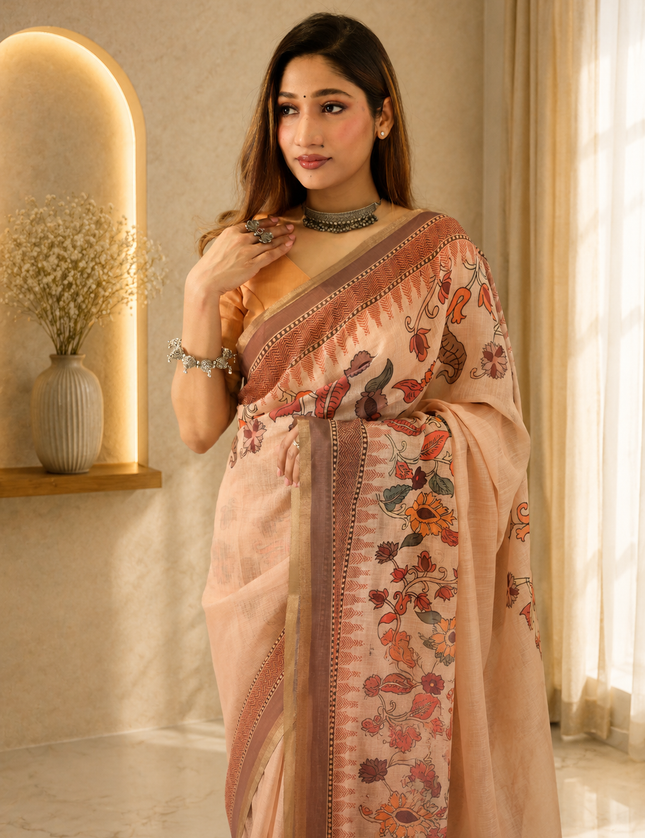 Blush Pink Linen Cotton Floral Printed Saree Ready-to-Wear
