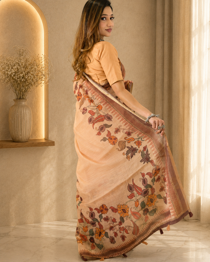 Blush Pink Linen Cotton Floral Printed Saree Ready-to-Wear