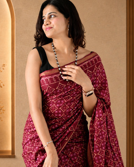 Maroon Cotton Printed Saree with Pocket & Tassels Ready-to-Wear