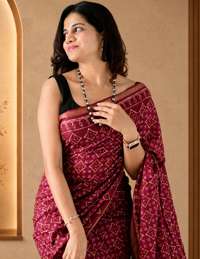 Maroon Cotton Printed Saree with Pocket & Tassels Ready-to-Wear