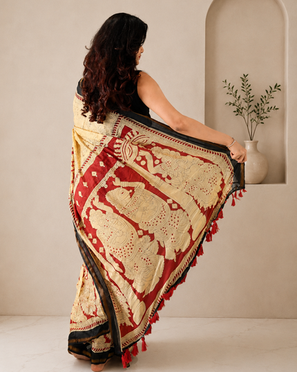 Beige Mul Cotton Kalamkari Print Saree with Pocket & Tassels Ready-to-Wear