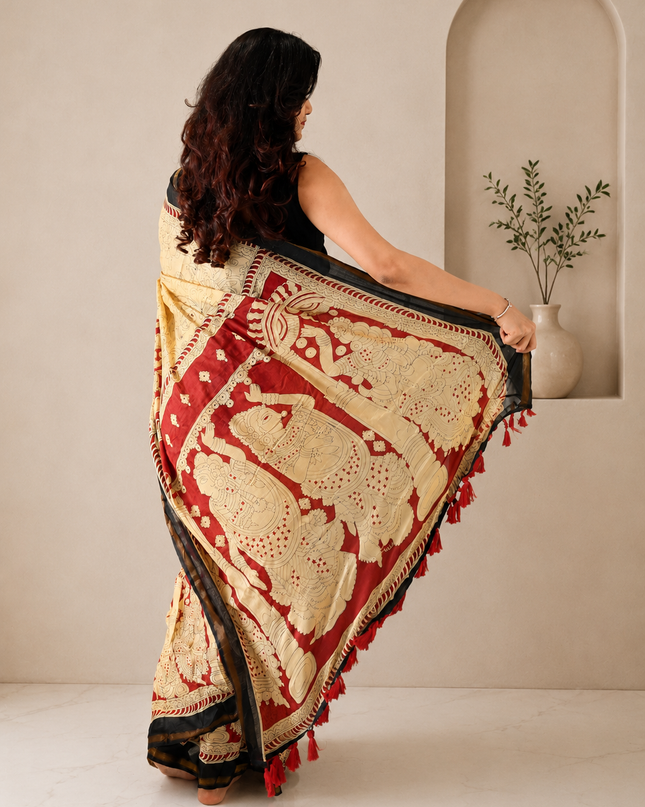 Beige Mul Cotton Kalamkari Print Saree with Pocket & Tassels Ready-to-Wear