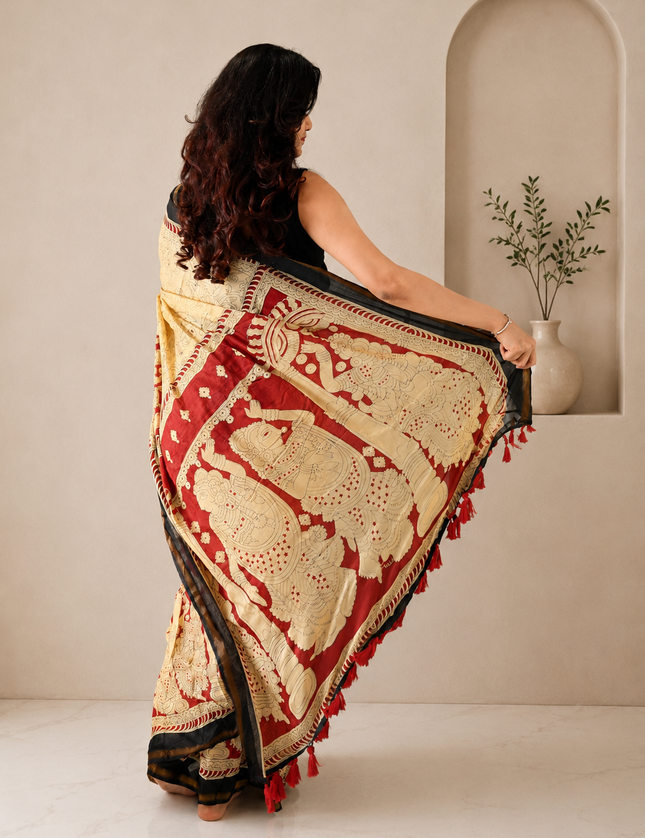 Beige Mul Cotton Kalamkari Print Saree with Pocket & Tassels Ready-to-Wear