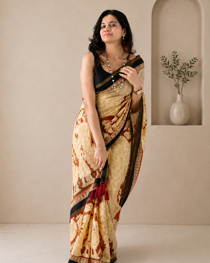 Beige Mul Cotton Kalamkari Print Saree with Pocket & Tassels Ready-to-Wear