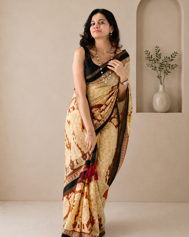 Beige Mul Cotton Kalamkari Print Saree with Pocket & Tassels Ready-to-Wear
