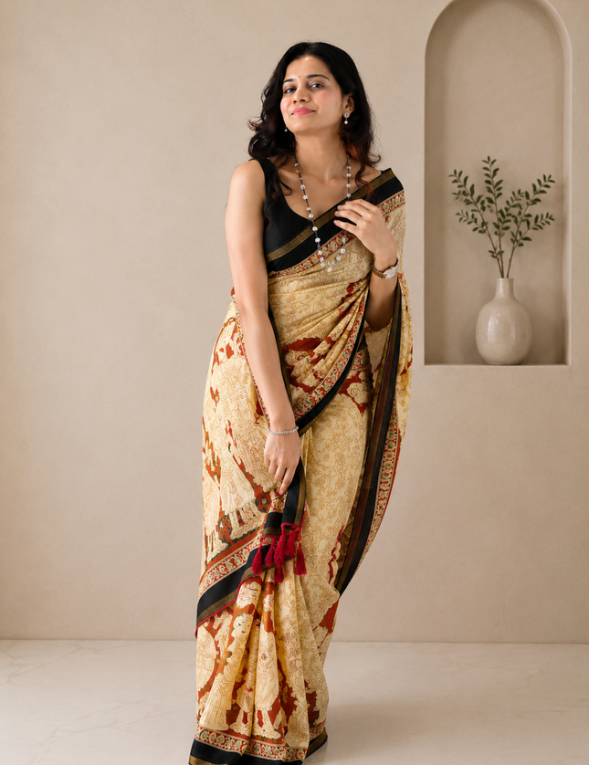 Beige Mul Cotton Kalamkari Print Saree with Pocket & Tassels Ready-to-Wear