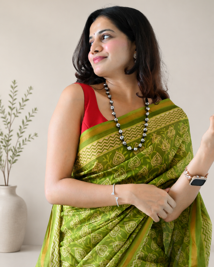 Green Cotton Printed Saree with Pocket & Tassels Ready-to-Wear