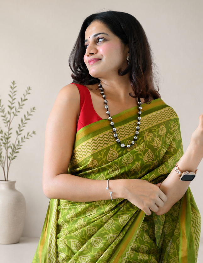Green Cotton Printed Saree with Pocket & Tassels Ready-to-Wear