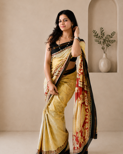 Beige Mul Cotton Kalamkari Print Saree with Pocket & Tassels Ready-to-Wear