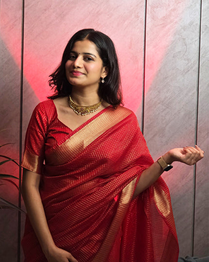 Crimson Red Semi Maheshwari Checked Ready-to-Wear Saree with Blouse Piece