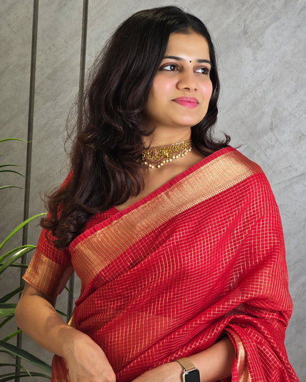 Crimson Red Semi Maheshwari Checked Ready-to-Wear Saree with Blouse Piece