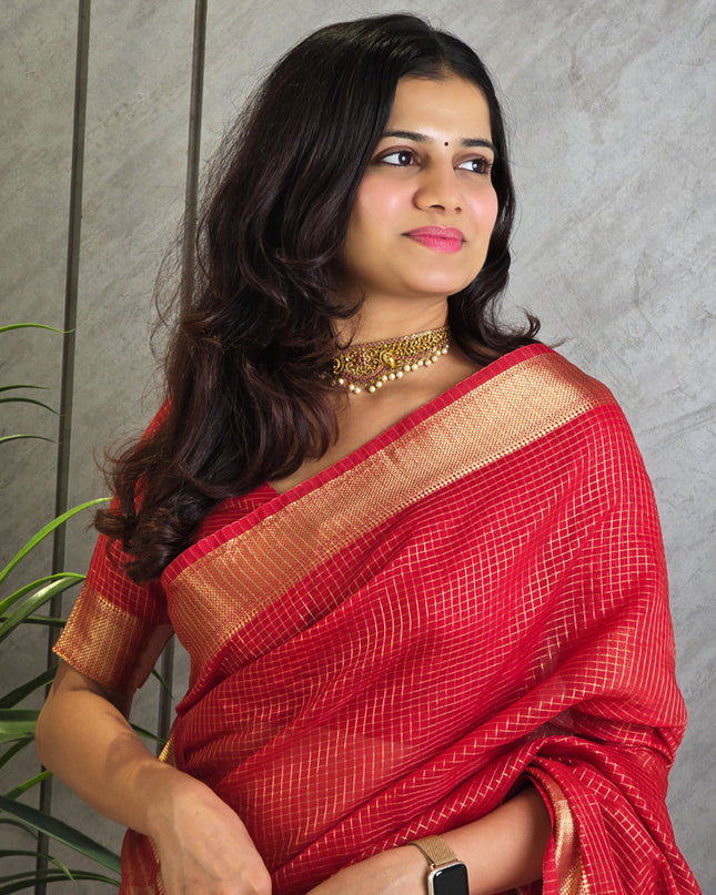 Crimson Red Semi Maheshwari Checked Ready-to-Wear Saree with Blouse Piece