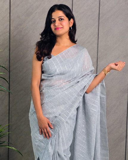 Silver Grey Linen Ready-to-Wear Saree with Blouse Piece