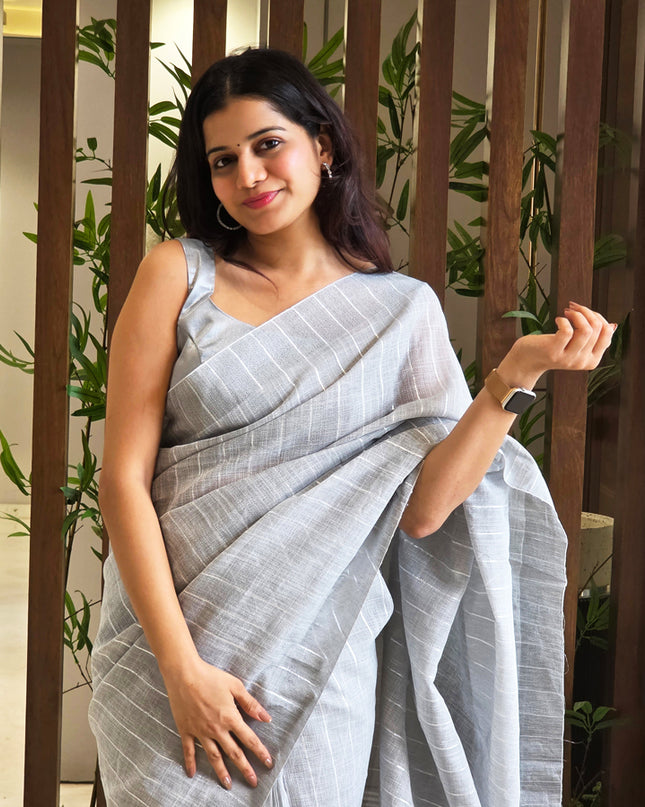 Silver Grey Linen Ready-to-Wear Saree with Blouse Piece