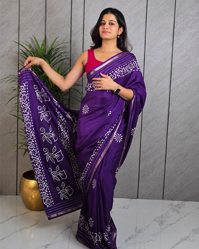 Royal Purple Dola Silk Batik Print Ready-to-Wear Saree with Blouse Piece