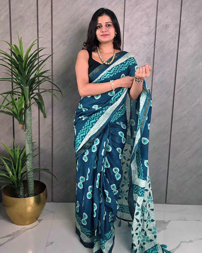 Teal Blue Printed Mul Cotton Ready-to-Wear Saree with Blouse Piece & Pocket.