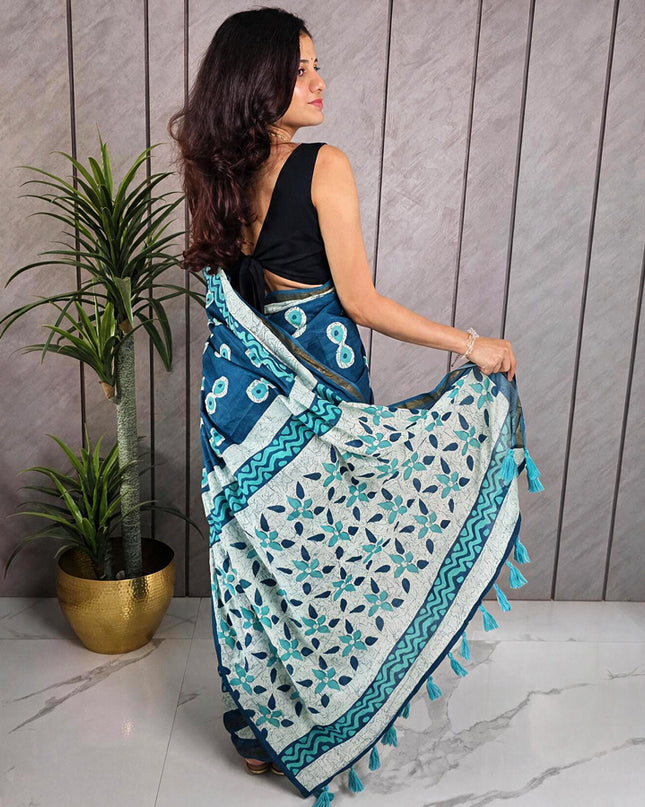 Teal Blue Printed Mul Cotton Ready-to-Wear Saree with Blouse Piece & Pocket.