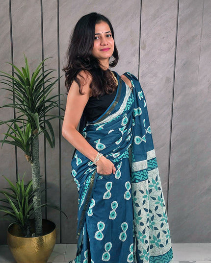 Teal Blue Printed Mul Cotton Ready-to-Wear Saree with Blouse Piece & Pocket.