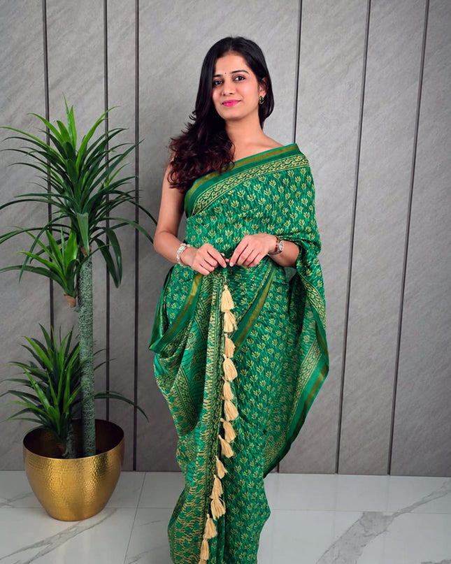 Green Printed Mul Cotton Ready-to-Wear Saree with Blouse Piece & Pocket