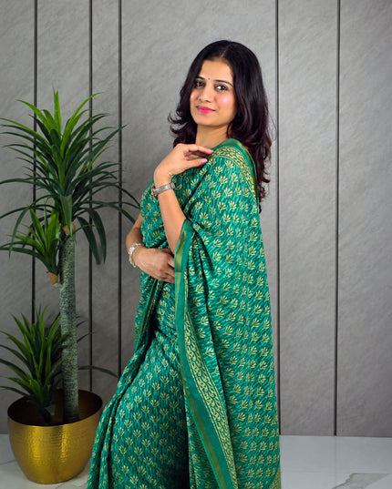 Green Printed Mul Cotton Ready-to-Wear Saree with Blouse Piece & Pocket