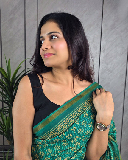 Green Printed Mul Cotton Ready-to-Wear Saree with Blouse Piece & Pocket