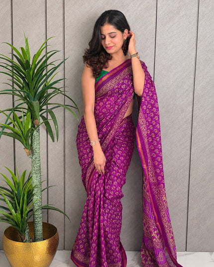 Purple Printed Mul Cotton Ready-to-Wear Saree with Blouse Piece & Pocket