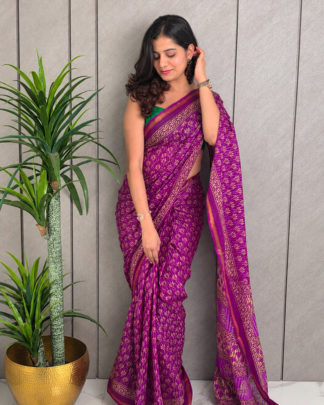 Purple Printed Mul Cotton Ready-to-Wear Saree with Blouse Piece & Pocket
