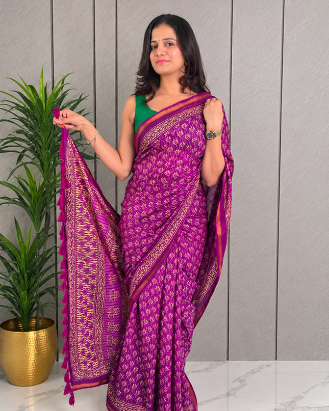 Purple Printed Mul Cotton Ready-to-Wear Saree with Blouse Piece & Pocket