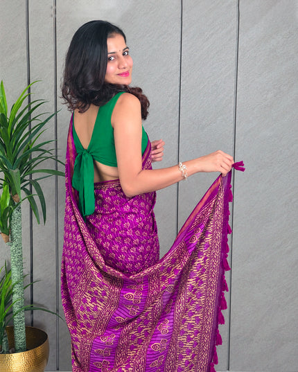 Purple Printed Mul Cotton Ready-to-Wear Saree with Blouse Piece & Pocket