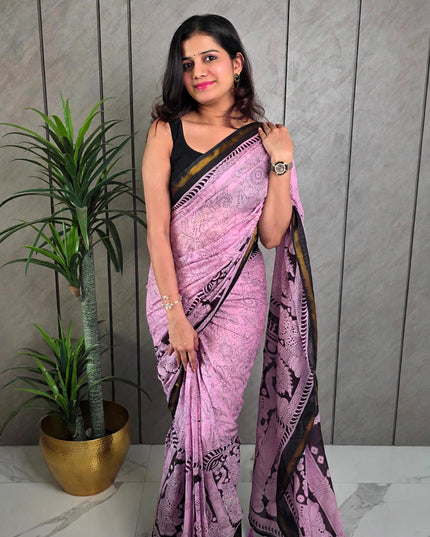 Pink & Black Kalamkari Mul Cotton Ready-to-Wear Saree with Blouse Piece & Pocket