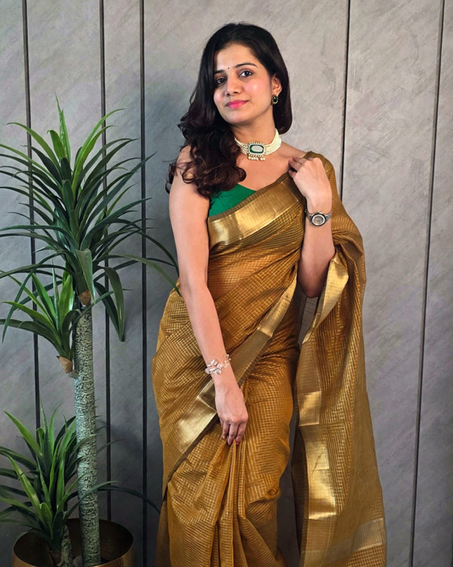 Golden Yellow Semi Maheshwari Checked Ready-to-Wear Saree with Blouse Piece