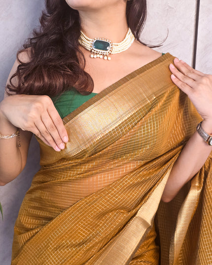 Golden Yellow Semi Maheshwari Checked Ready-to-Wear Saree with Blouse Piece