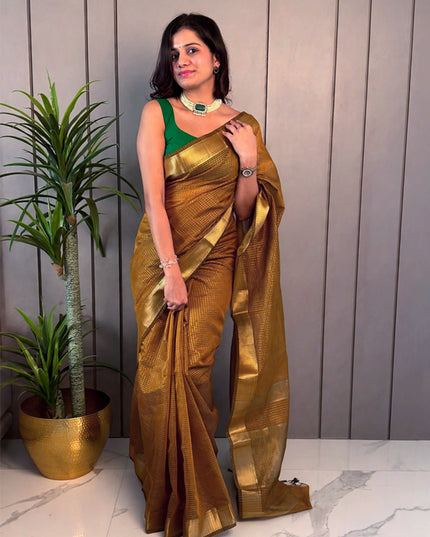 Golden Yellow Semi Maheshwari Checked Ready-to-Wear Saree with Blouse Piece