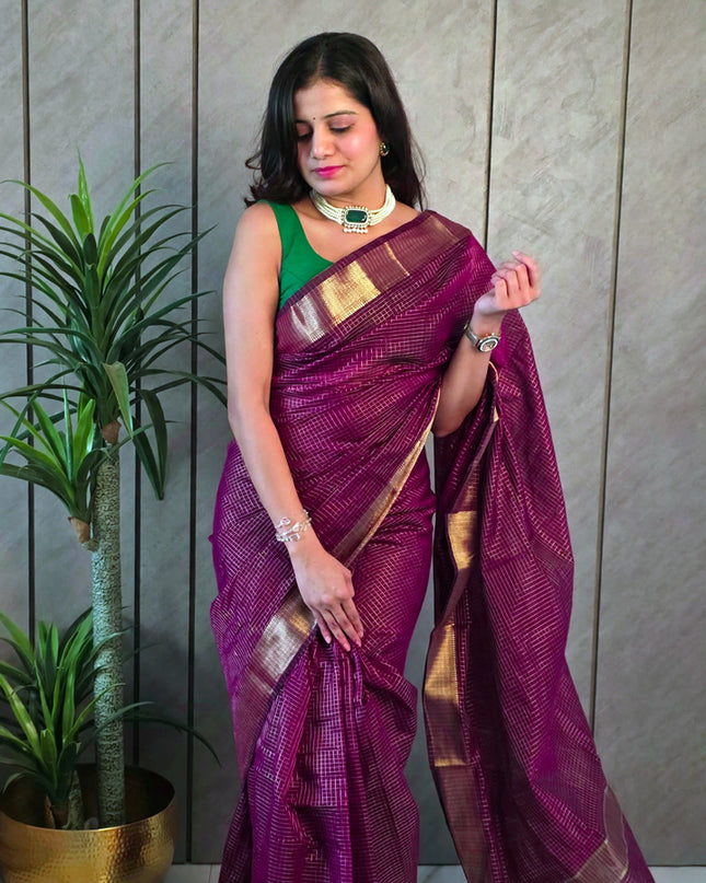 Wine Maroon Semi Maheshwari Ready-to-Wear Saree with Blouse Piece
